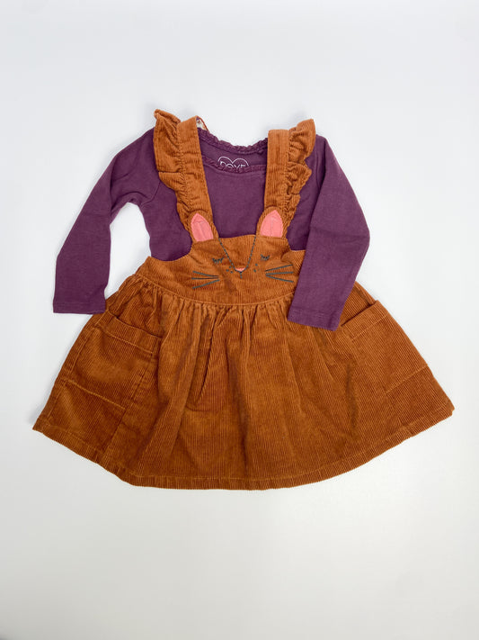 9-12 M Tan cord pinafore dress with purple pointelle t-shirt